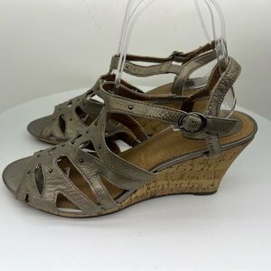 Clarks Artisan Wedge Sandals Fiddle String Espadrille Leather Neutral Tan Summer